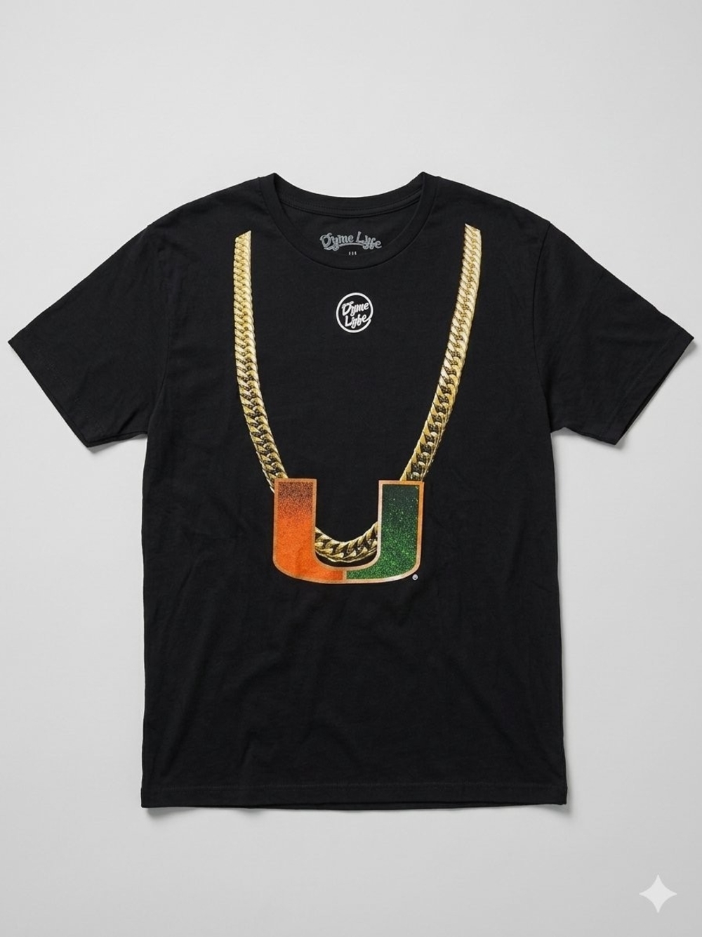 Men's Black Graphic Tee with Gold Chain and Orange-Green U